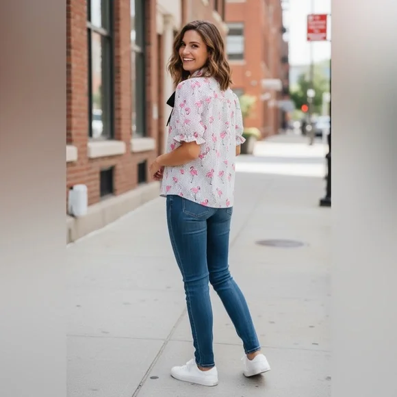 Zara White Blouse with Pink Pattern and Black Bow - Picture 3 of 4